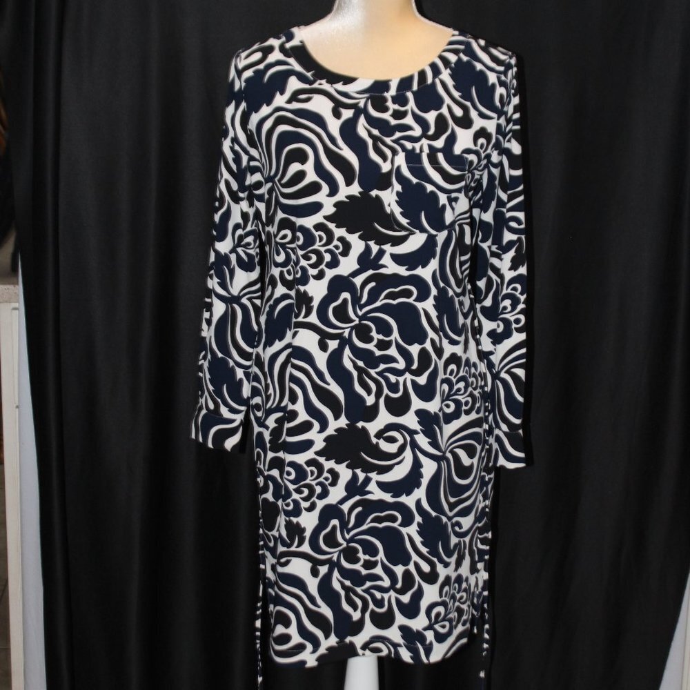 Loft Navy Black and White Long Sleave Straight lined Floral Dress with Tie - Picture 10 of 13